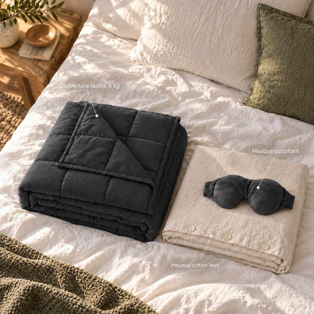 Pack Complet — couverture lestée 8 kg + housse coton + masque - pk comp v2 02 contenu