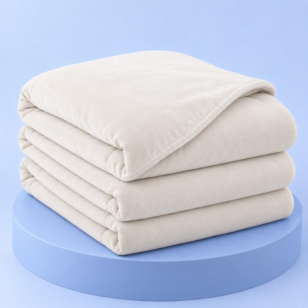 Couverture lestée Jules blanche avec housse, pliée sur fond bleu Pondoa #blanc