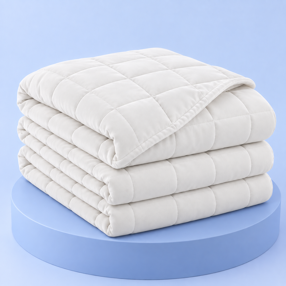 Couverture lestée Milo blanche, pliée sur fond bleu Pondoa #blanc