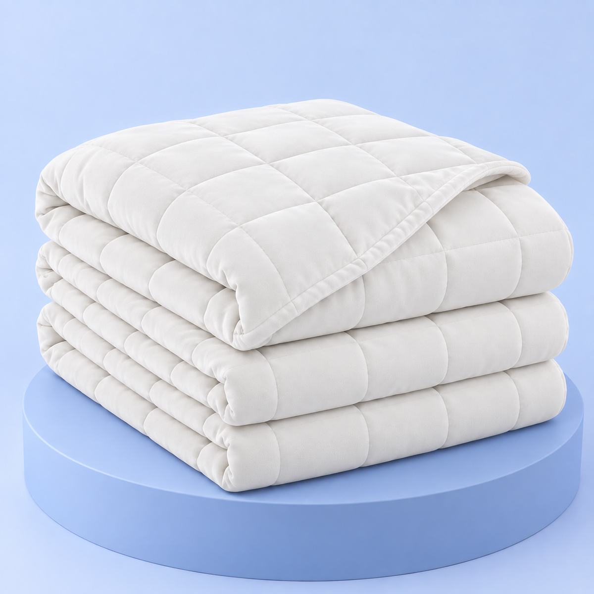 Couverture lestée Milo blanche, pliée sur fond bleu Pondoa #blanc