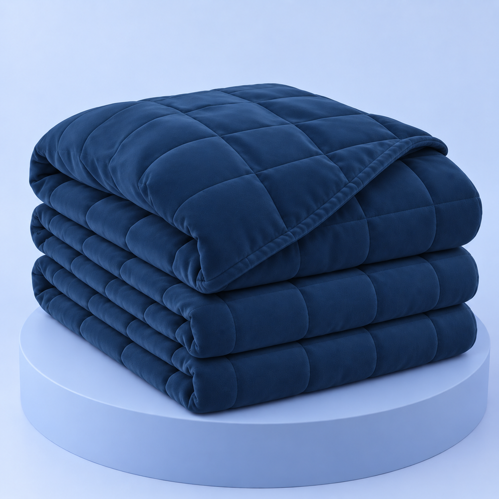Couverture lestée Milo bleue, pliée sur fond bleu Pondoa #bleu