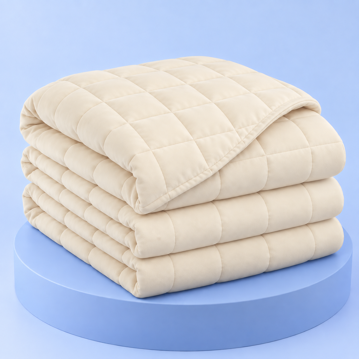 Couverture lestée Milo crème, pliée sur fond bleu Pondoa #creme